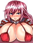  1girl :p armor bikini bikini_top blue_eyes blush breast_rest breasts erect_nipples female huge_breasts long_hair micro_bikini original pink_hair red_bikini simple_background solo string_bikini swimsuit tongue tongue_out upper_body white_background zinnruisaikyou 