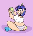  1girl ass ass gameboy looking_at_viewer looking_back multicolored_hair printed_panties purple_panties short_hair solo_female solo_focus 