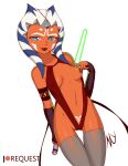 1girl ahsoka_tano blue_eyes breasts dark-skinned_female dzreylux female_focus jedi lightsaber looking_at_viewer nipples silver_hair simple_background sling_bikini star_wars star_wars:_the_clone_wars tattoo white_background