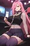 1girl ai_generated big_breasts cleavage fishnets leotard long_hair nenefthivt on_motorcycle pink_hair shirt shoes skirt solo tagme vtuber yellow_eyes