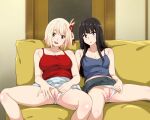 2_girls alluring black_hair blonde_hair blush female_masturbation inoue_takina jopae looking_at_viewer lycoris_recoil nishikigi_chisato open_mouth panties panties_aside pussy pussy_juice red_eyes sitting spread_legs underwear yuri