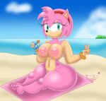  1girl alternate_version_available amy_rose anthro anthro_only areola barefoot beach beverage big_breasts bimbo breasts completely_nude completely_nude_female female_only full_body furry holding holding_beverage huge_breasts naked_female nipples nude nude_female peace_sign public ring sega sitting sky smile solo_female sonic_the_hedgehog_(series) superstarplasma v v_sign wristwear 