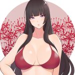  1girl 1girl alluring bare_shoulders big_breasts bikini black_hair blunt_bangs breasts cleavage collarbone dead_or_alive dead_or_alive_6 dead_or_alive_xtreme dead_or_alive_xtreme_2 dead_or_alive_xtreme_3 dead_or_alive_xtreme_3_fortune dead_or_alive_xtreme_beach_volleyball dead_or_alive_xtreme_venus_vacation eyeshadow flower konishiki_(52siki) long_hair looking_at_viewer makeup mole mole_under_mouth nyotengu open_clothes purple_eyeshadow red_bikini sidelocks spider_lily swimsuit tecmo upper_body very_long_hair 