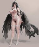  1girl albedo_(overlord) alternate_version_available big_ass big_breasts black_hair black_wings breasts female_only hairy_pussy holding_weapon horns janggun nipples overlord_(maruyama) platform_shoes posing pubic_hair seductive weapon wings 