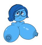  1girl 2024 alternate_breast_size big_breasts blue_hair blue_skin breasts breasts_bigger_than_head disney female_only fv1883draws giant_breasts glasses huge_breasts inside_out looking_at_viewer nipples pixar sadness_(inside_out) simple_background solo_female upper_body white_background 