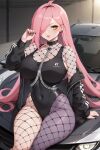 1girl ai_generated big_breasts cleavage fishnets leotard long_hair nenefthivt on_motorcycle pink_hair shirt shoes shorts solo tagme vtuber yellow_eyes