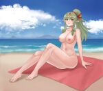 1girl 1girl absurd_res alluring bare_legs barefoot beach big_breasts blush breasts cloud commentary_request commission completely_nude_female female_only fire_emblem fire_emblem_awakening full_body green_eyes green_hair hair_ornament hazuki_(nyorosuke) high_res knees_up legs long_hair looking_at_viewer navel nintendo nipples nude nude_female ocean on_towel outside pointy_ears ponytail sitting skeb_commission smile tiara tiki_(adult)_(fire_emblem) tiki_(fire_emblem) toes towel