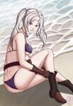  1girl alluring ass beach big_breasts bikini boots brown_eyes coat fire_emblem fire_emblem_awakening fire_emblem_heroes nintendo ocean robin_(fire_emblem) robin_(fire_emblem)_(female) robin_(summer)_(fire_emblem)_(female) silver_hair sokloeum underboob wet 