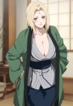  1girl ai_generated big_breasts blonde_hair breasts brown_eyes cleavage clothed female_focus female_only gigantic_breasts high_res long_hair massive_breasts mature mature_female mature_woman nai_diffusion naruto patreon patreon_paid patreon_reward solo_female stable_diffusion tofuro tsunade twin_tails 