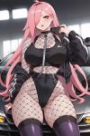  1girl ai_generated big_breasts cleavage fishnets leotard long_hair nenefthivt on_motorcycle pink_hair shoes solo sports_bra tagme vtuber yellow_eyes 