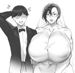  1boy 1girl big_breasts big_lips breasts curvy glasses huge_breasts husband_and_wife male mature mature_female milf muscular_female natedecock naughty_face nipple_bulge seductive tuxedo veil venus_body voluptuous wedding wedding_dress 