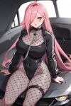 1girl ai_generated big_breasts cleavage fishnets leotard long_hair nenefthivt on_motorcycle pink_hair shoes solo tagme vtuber yellow_eyes