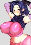 1girl arms_behind_head blue_eyes blue_hair breasts curvy detached_sleeves erect_nipples female gloves hands_behind_head huge_breasts midriff mound_of_venus navel original pointy_ears ponytail solo standing wide_hips zinnruisaikyou