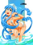 1girl ass bikini blue_eyes blue_hair breasts cute ikamusume long_hair looking_at_viewer shinryaku!_ikamusume smile topless water