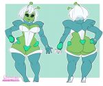  1girl 2021 alien antennae barefoot big_ass black_eyes blue_background breasts character_sheet chickpea clothed clothing colored disguise feet fully_clothed green_skin high_heels humanoid humanoid_penis model_sheet naala original original_character shortstack simple_background solo_focus spacesuit standing stockings thick_thighs uncensored white_hair 