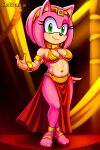  1girl ai_generated amy_rose anthro belly_dancer belly_dancer_outfit female_focus furry furry_female green_eyes hedgehog mobians.ai navel pink_fur rodent sega slave_leia_(cosplay) smile sonic_the_hedgehog_(series) 