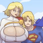  2_girls artist_request big_breasts blonde_hair blue_eyes breast_envy breasts cleavage cleavage_cutout dc_comics dc_comics huge_breasts long_hair power_girl short_hair supergirl 