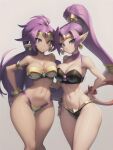  2_girls ai_generated armlet big_breasts black_bra black_panties blue_eyes bra breasts circlet deviantart earrings hand_on_hip hoop_earrings looking_at_viewer midriff navel panties ponytail purple_hair shantae shantae_(character) tharrorart vambraces yellow_bra yellow_panties 