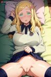  blonde_hair bottomless carol_olston chivas green_eyes lifted_by_self long_hair looking_at_viewer nekom14 no_panties pussy skirt_lift soccer soccer_jersey spread_legs stockings tomo-chan_wa_onna_no_ko 