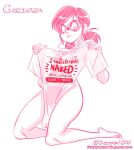  1girl 2022 chickpea english_text eyemask female_only ladybug_(character) marinette_cheng marinette_dupain-cheng mask masked_female miraculous_ladybug monochrome on_knees pink_theme t-shirt text white_background 