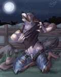  2012 angrboda belt canine claws clothing cowboy coyote fence full_moon hat howl howling jeans moon pants paws shirt teeth torn_clothing transformation werewolf 