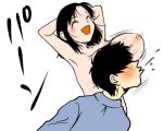 1boy 1girl animated arms_behind_head big_breasts black_hair blush breast_slap breasts closed_eyes gif hair huge_breasts humor loop lowres may_(tea-break) motion_lines nipples open_mouth short_hair slap smile what