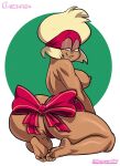  1girl 2020 5_toes anus_peek ass barefoot big_ass blonde_hair bow breasts brown_nipples brown_skin carol_kincaid cartoon_network chickpea christmas christmas_outfit christmas_present colored dark-skinned_female dat_ass feet female_only green_background huge_ass looking_at_viewer looking_back looking_back_at_viewer milf nipples nude nude_female ok_k.o.!_let&#039;s_be_heroes ribbon short_hair simple_background smile thick_thighs thighs thong toes 