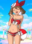 1girl aidman101 bandana beach beachwear bikini bikini_bottom bikini_top brown_hair cheerful cleavage closed_eyes cute female_only frills half_naked half_naked_female happy haruka_(pokemon) hourglass_figure may may_(pokemon) navel pokemon pokemon_(anime) pokemon_rse red_bandana redraw simple_background smile swimsuit unknown_source white_background