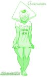  1girl 2022 barefoot cartoon_network chickpea english_text feet female_only gem_(species) green_theme monochrome no_background oversized_shirt peridot_(steven_universe) smile standing steven_universe text toes white_background 