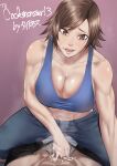  1boy 1girl bare_shoulders bed_sheet big_breasts black_pants blue_shirt blue_sports_bra brown_eyes brown_hair censored cleavage collarbone commission crop_top cum cum_on_hands cum_on_self denim girl_on_top handjob hetero houjoh_(7th-heaven) jeans kazama_asuka looking_at_viewer male/female matching_hair/eyes midriff mosaic_censoring muscular muscular_female namco navel pants penis pov pov_crotch purple_background shin_kamiya shirt short_hair skeb_commission smile solo_focus sports_bra stomach teeth tekken tomboy tongue tongue_out upper_teeth_only 