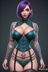 1girl ai_generated bell_haircut big_breasts bob_cut boob_window cleavage crotch_tattoo dark_background female_only garter garter_belt garter_straps grey_eyes human looking_at_viewer pooplool pornx.ai purple purple_hair short_hair simple_background sole_female tattoo tattooed_arm thin_female turquoise_clothing visible_ears