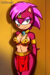 1girl ai_generated anthro armpits belly_dancer belly_dancer_outfit harem harem_girl harem_outfit hedgehog mobians.ai pink_hair purple_fur rodent sega slave_leia_(cosplay) sonia_the_hedgehog sonic_underground yellow_eyes