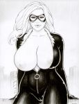 black_cat_(marvel) blue_eyes breasts cameltoe cleavage domino_mask erect_nipples felicia_hardy huge_breasts light-skinned_female lipstick long_hair makeup marvel marvel_comics mask monochrome nipples red_lipstick rplatt russell_platt spider-man_(series) white_hair