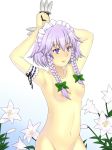  1girl armpits between_fingers braid breasts female flower izayoi_sakuya knife no_bra no_panties nude ozone purple_eyes purple_hair sakuya_izayoi solo throwing_knife touhou twin_braids weapon 