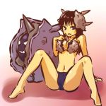 1girl bikini black_hair blue_eyes breasts cleavage cloyster hitec horns legs long_hair moemon nintendo personification pokemon pokemon_(game) pokemon_rgby sexually_suggestive shell solo spikes spread_legs swimsuit