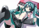 aqua_eyes blush cum green_eyes hatsune_miku instrument miku_hatsune panties spring_onion striped striped_panties synthesizer thighhighs twintails underwear vocaloid yoshihara_maito