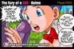 1girl beerus big_penis bulma_briefs comic dragon_ball dragon_ball_super fear gigantic_penis imminent_sex interspecies patreon penis super_melons text