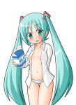 1girl aged_down aqua_eyes aqua_hair blush female_only long_hair lowleg miku_hatsune milk milk_carton no_bra open_clothes open_shirt panties shinjou_ryou shirt solo_female striped striped_panties twin_tails underwear very_long_hair vocaloid youta_(asatsukidou)