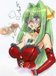 1girl blue_eyes breasts censored cleavage corset cum facial glasses green_hair itsuki_kannagi kannagi_itsuki kikuta penis shimoyama_mutsumi solo_focus sora_wo_kakeru_shoujo surprise surprised trembling