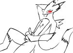 1_anthro 1_boy 1_male 3_fingers animated animated_gif anthro anthro_canine anthro_fox blush canine detached_sleeves digimon erection fur furry gif handjob lying male male_anthro male_anthro_fox male_only male_renamon masturbation monochrome mostly_nude penis renamon sketch solo toei_animation white_fur