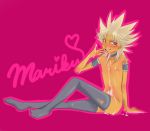  1boy blonde_hair blush crossdressing cum cum_on_boy dark_skin full_body male male_focus marik_ishtar nude purple_eyes solo thighhighs yami_marik yaoi yu-gi-oh! yuu-gi-ou yuu-gi-ou_duel_monsters 