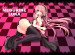 1girl ass bad_id black_legwear black_thighhighs blue_eyes breasts censored checkered checkered_floor floor headphones legs long_hair luka_megurine lying megurine_luka on_side one_eye_closed open_clothes perspective pink_hair ratise side_slit solo star thighhighs very_long_hair vocaloid wink