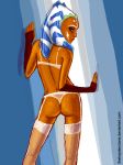 ahsoka_tano blue_eyes clone_wars dark_skin elbow_gloves garter_belt gloves lingerie looking_at_viewer looking_over_shoulder panties star_wars star_wars:_the_clone_wars stockings togruta