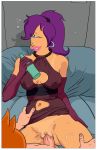 bottle breasts drunk elbow_gloves eyelashes furronika futurama gloves navel navel_cutout penis philip_j._fry pink_lips purple_hair sex turanga_leela