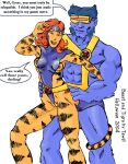  avengers beast_(x-men) blue_fur cosplay cyclops_(x-men) dialogue fur greer_nelson hands_on_hips hank_mccoy jean_grey marvel nipple_slip pussy redhead scott_summers stripes tail tail_around_leg tawd tigra wedgie x-men 