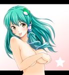  1girl :p aqua_hair breast_hold breast_press breasts brown_eyes cover_up covering female hair_ornament kochiya_sanae nude nude_cover pixiv_id_76567 sanae_kochiya solo star tomokichi tongue tongue_out touhou 