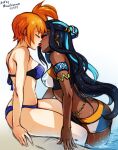  2_girls alluring arm_support artist_name asymmetrical_hair asymmetrical_hairstyle bare_shoulders belly_chain bikini blue_bikini blue_hair blush chocolate_and_vanilla closed_eyes creatures_(company) dark-skinned_female dark_blue_hair dark_skin earrings french_kiss game_freak gym_leader hoop_earrings in_water interracial jewelry kissing long_hair mina_cream minacream misty misty_(pokemon) multicolored_hair multiple_girls nessa_(pokemon) nintendo orange_hair partially_submerged piercing pokemon pokemon_(game) pokemon_rgby pokemon_ss pokemon_swsh ponytail pool short_hair side_ponytail simple_background sitting sports_bikini streaked_hair swimming_pool swimsuit tied_hair tongue trait_connection two-tone_hair very_long_hair wading water wet yuri 