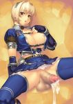  1girl areola areolae asuru asuru_(armor) azul_(armor) belt blonde_hair blush breasts capcom censored cleavage cum cumdrip earrings ejaculation elbow_gloves erect_nipples fingerless_gloves futanari gloves hairband handsfree_ejaculation highres huge_breasts jewelry kansuke lying monster_hunter monster_hunter_frontier newhalf nipple_slip nipples no_bra no_panties open_mouth panties penis red_eyes short_hair solo solo_focus spread_legs testicles thighhighs underwear white_panties yn_red 