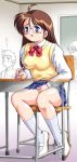 blue_eyes blush brown_hair chair classroom desk footwear glasses long_hair masturbation megane original school_uniform schoolgirl sitting skirt socks stealth stealth_masturbation tanuki_gakuen through_panties