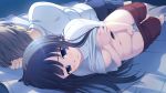   1boy 1girl aete_mushisuru_kimi_to_no_mirai back-to-back barefoot bed_sheet black_hair blue_eyes blush breast_grab breasts feet fingering game_cg gym_shorts gym_uniform kazami_haruki long_hair lying masturbation misaki_souka navel nipples on_side panties panty_pull self_fondle shirt_lift shorts shorts_pull stealth_masturbation track_pants  